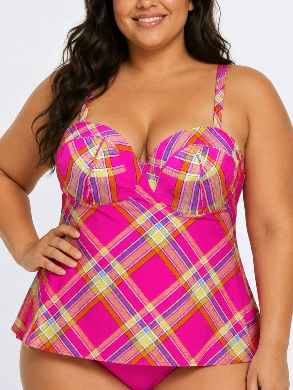 NEW Lane Bryant Tankini Swimsuit Top Size 36DDD Pink Plaid Vacation Beach Resort